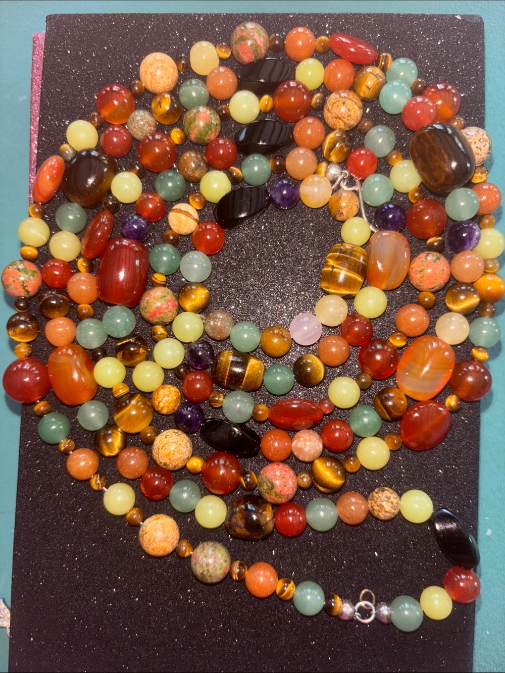 vintage precious stone beaded necklace 65 in